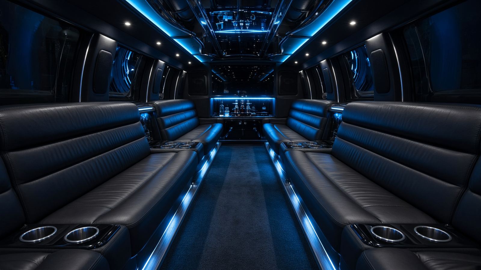 Leather cabin and LED lighting on the 40-passenger party bus