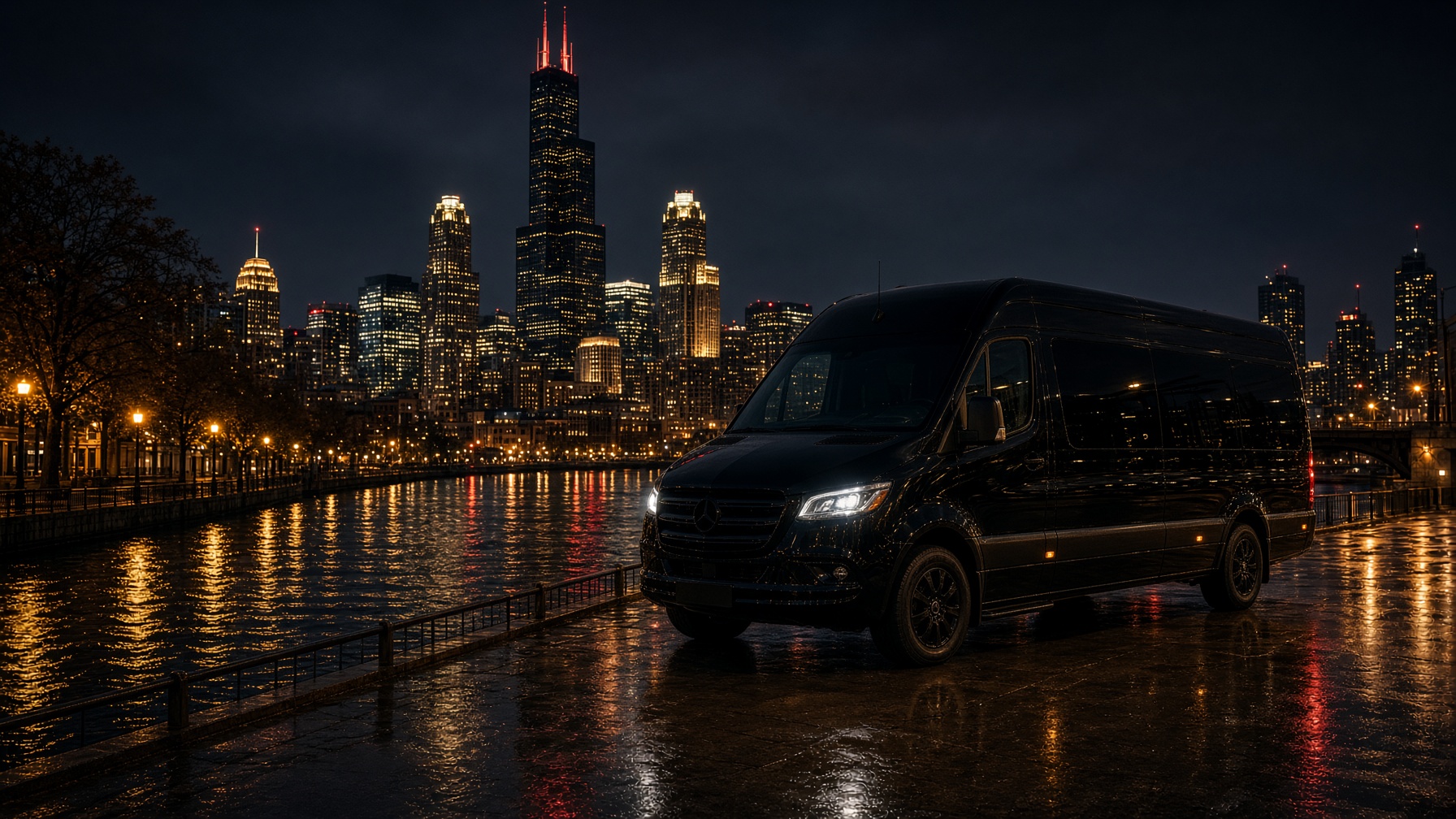 Black executive coach on the Chicago Riverwalk at night
