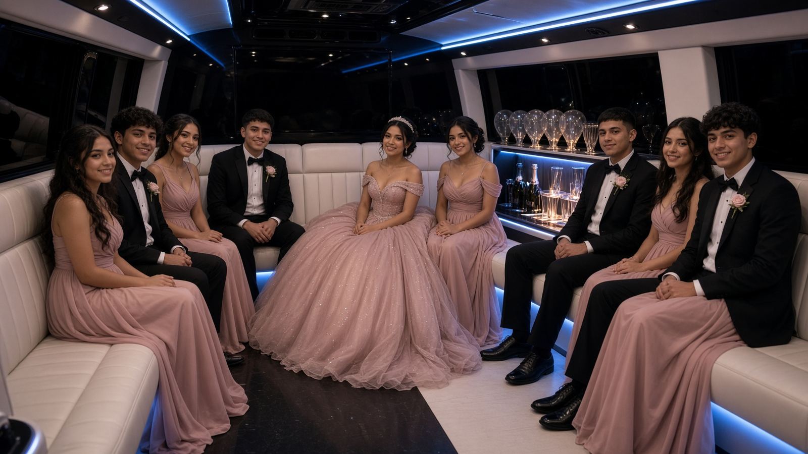 Damas y chambelanes en el party bus, luces azules