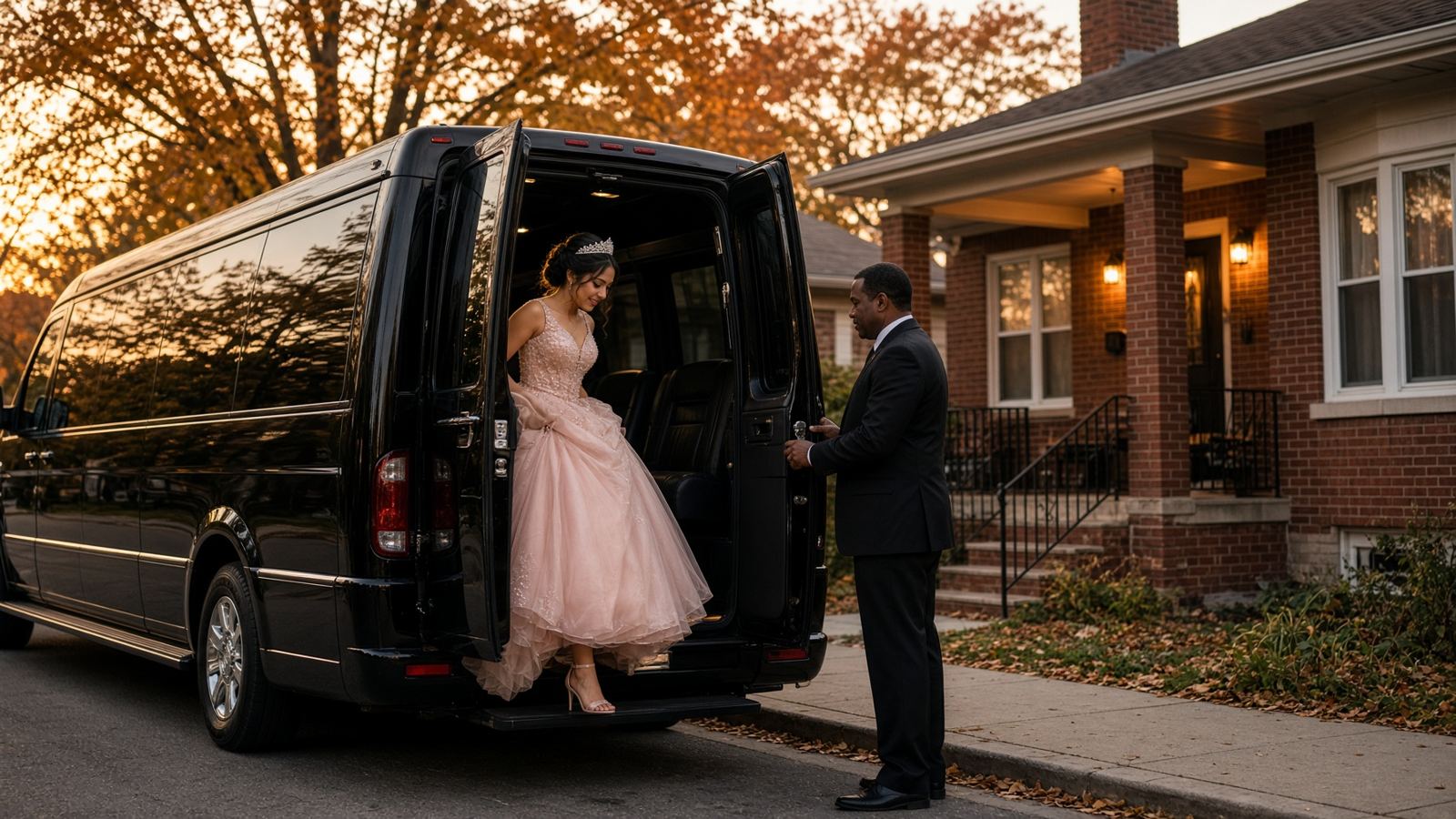 Quinceañera subiendo al party bus en una casa de Chicago